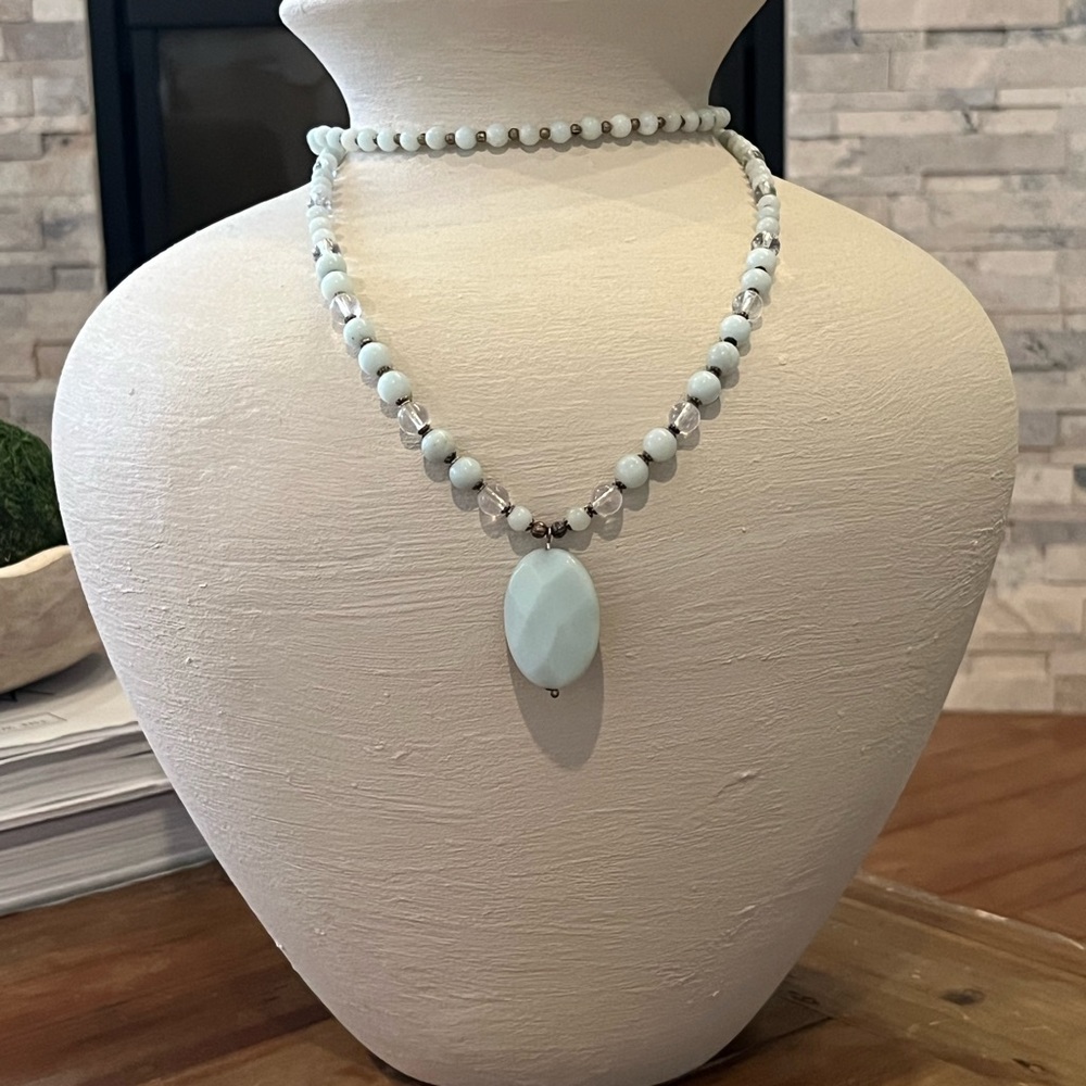 Aquamarine & Clear Quartz 108 Bead Mala Necklace